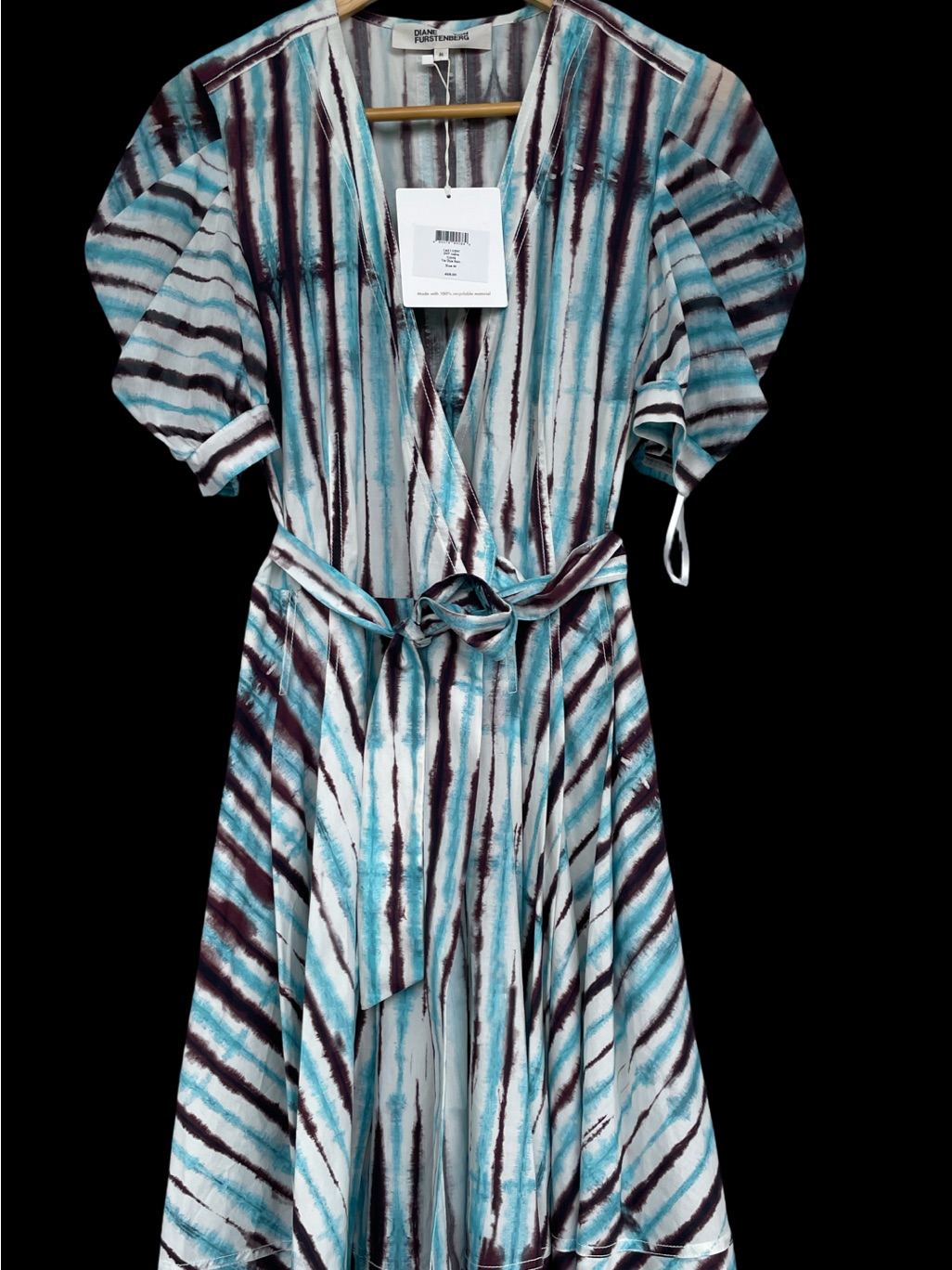 Diane Von Furstenberg Striped Teal & White Wrap Dress With Belt New With Tags M